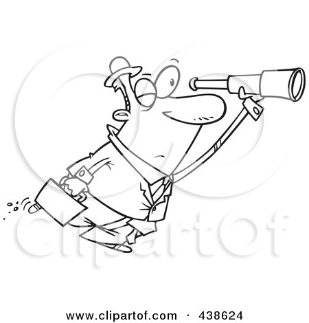 Royalty-Free (RF) Clip Art Illustration of a Cartoon Black And White Outline Design Of A Businessman Seeking An Opportunity With A Telescope by toonaday