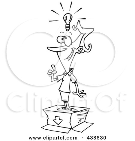 Royalty-Free (RF) Clip Art Illustration of a Cartoon Black And White Outline Design Of A Businesswoman With An Out Of The Box Idea by toonaday