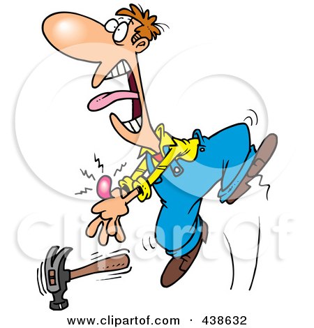 Royalty-Free (RF) Clip Art Illustration of a Cartoon Man Holding His Throbbing Thumb After Hitting It With A Hammer by toonaday