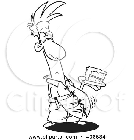 Royalty-Free (RF) Clip Art Illustration of a Cartoon Black And White Outline Design Of A Man With A Bulging Belly Holding Birthday Cake by toonaday