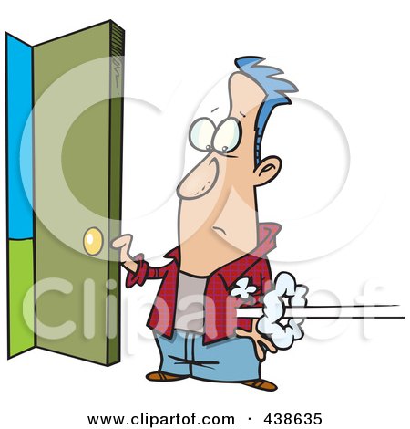 Royalty-Free (RF) Clip Art Illustration of a Cartoon Man Holding Open A Door As Someone Shoots In by toonaday