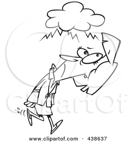 Royalty-Free (RF) Clip Art Illustration of a Cartoon Black And White Outline Design Of A Businesswoman Walking Under A Stormy Cloud by toonaday