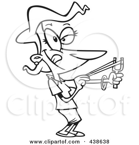 Royalty-Free (RF) Clip Art Illustration of a Cartoon Black And White Outline Design Of A Businesswoman Shooting A Slingshot by toonaday