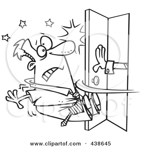 Royalty-Free (RF) Clip Art Illustration of a Cartoon Black And White Outline Design Of A Hand Pushing Open A Door And Knocking A Man Out by toonaday