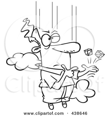 Royalty-Free (RF) Clip Art Illustration of a Cartoon Black And White Outline Design Of A Man Falling From The Sky With Dice by toonaday