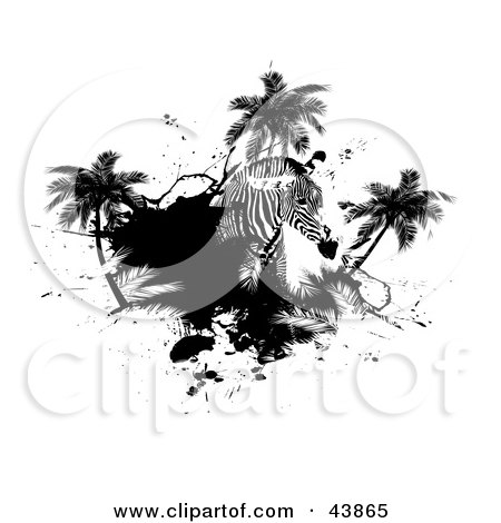 Clipart Illustration of a Zebra With Palm Trees And Black Grunge by Arena Creative