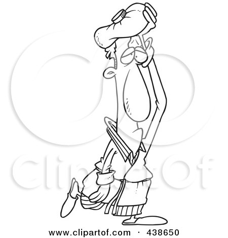 Royalty-Free (RF) Clip Art Illustration of a Cartoon Black And White Outline Design Of A Sick Man Walking Around With An Ice Pack On His Head by toonaday