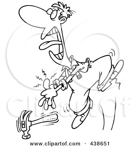 Royalty-Free (RF) Clip Art Illustration of a Cartoon Black And White Outline Design Of A Man Holding His Throbbing Thumb After Hitting It With A Hammer by toonaday