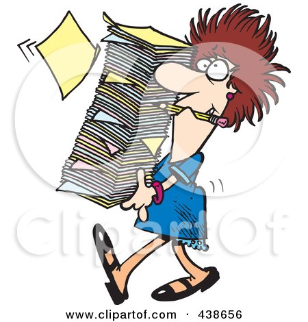 Royalty-Free (RF) Clip Art Illustration of a Cartoon Businesswoman Carrying A Huge Stack Of Paperwork by toonaday