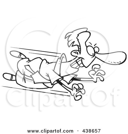 Royalty-Free (RF) Clip Art Illustration of a Cartoon Black And White Outline Design Of A Businessman Flying Towards An Opportunity by toonaday