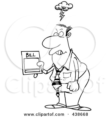 Royalty-Free (RF) Clip Art Illustration of a Cartoon Black And White Outline Design Of A Mad Businessman Holding An Overcharged Billing Statement by toonaday