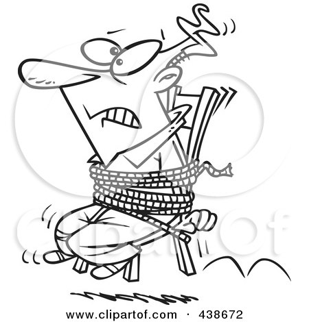 Royalty-Free (RF) Clip Art Illustration of a Cartoon Black And White Outline Design Of A Businessman Tied To A Chair And Working Overtime by toonaday
