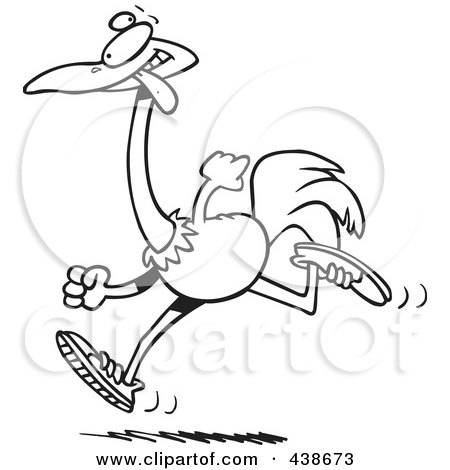 Royalty-Free (RF) Clip Art Illustration of a Cartoon Black And White Outline Design Of A Running Ostrich by toonaday