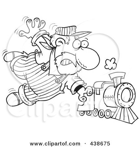 Royalty-Free (RF) Clip Art Illustration of a Cartoon Black And White Outline Design Of A Locomotive Engineer Holding Onto A Fast Steam Train by toonaday