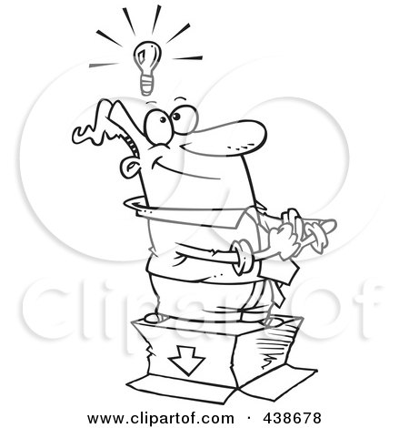 Royalty-Free (RF) Clip Art Illustration of a Cartoon Black And White Outline Design Of A Businessman Standing With An Idea Outside The Box by toonaday