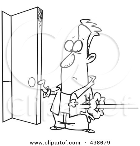Royalty-Free (RF) Clip Art Illustration of a Cartoon Black And White Outline Design Of A Man Holding Open A Door As Someone Shoots In by toonaday