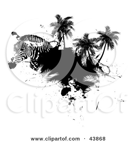 Clipart Illustration of a Zebra Head With Palm Trees And Black Grunge by Arena Creative