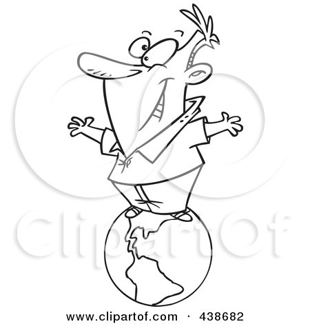 Royalty-Free (RF) Clip Art Illustration of a Cartoon Black And White Outline Design Of A Happy Businessman Standing On Top Of The World by toonaday