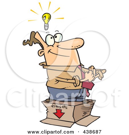 Royalty-Free (RF) Clip Art Illustration of a Cartoon Businessman Standing With An Idea Outside The Box by toonaday