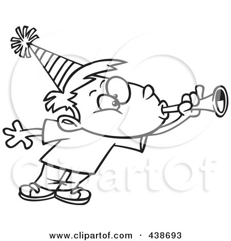 Royalty-Free (RF) Clip Art Illustration of a Cartoon Black And White Outline Design Of A Party Boy Blowing A Horn by toonaday