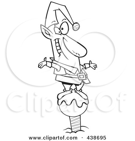 Royalty-Free (RF) Clip Art Illustration of a Cartoon Black And White Outline Design Of A Christmas Elf On The North Pole by toonaday