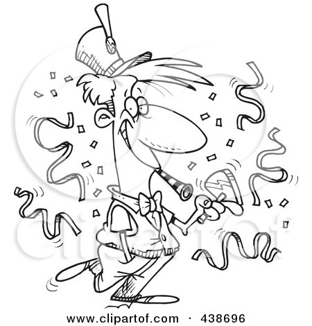 Royalty-Free (RF) Clip Art Illustration of a Cartoon Black And White Outline Design Of A New Year Man At A Party by toonaday
