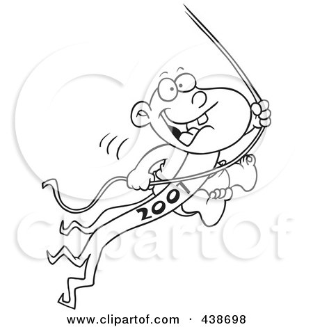 Royalty-Free (RF) Clip Art Illustration of a Cartoon Black And White Outline Design Of A New Years Baby Swinging On A Rope by toonaday