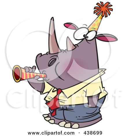 Royalty-Free (RF) Clip Art Illustration of a Cartoon New Year Rhino Businessman Blowing A Horn by toonaday