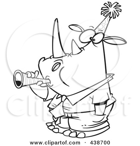 Royalty-Free (RF) Clip Art Illustration of a Cartoon Black And White Outline Design Of A New Year Rhino Businessman Blowing A Horn by toonaday