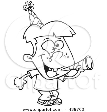 Royalty-Free (RF) Clip Art Illustration of a Cartoon Black And White Outline Design Of A New Year Boy With A Horn by toonaday