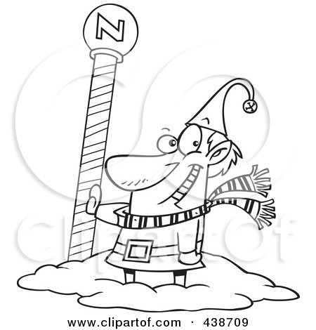 Royalty-Free (RF) Clip Art Illustration of a Cartoon Black And White Outline Design Of A Christmas Elf By The North Pole by toonaday