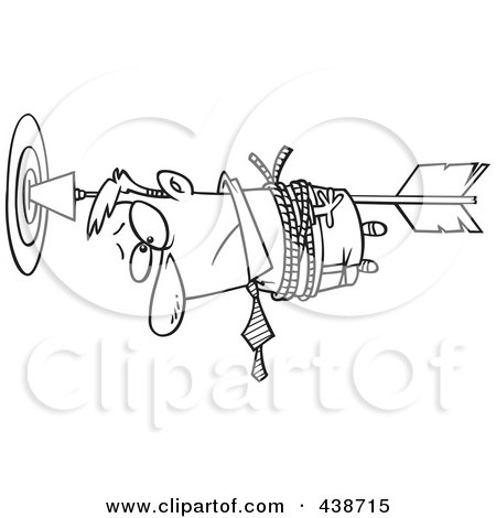 Royalty-Free (RF) Clip Art Illustration of a Cartoon Black And White Outline Design Of A Businessman Tied To An Arrow In A Target by toonaday
