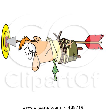 Royalty-Free (RF) Clip Art Illustration of a Cartoon Businessman Tied To An Arrow In A Target by toonaday