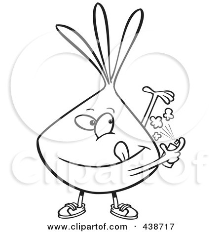 Royalty-Free (RF) Clip Art Illustration of a Cartoon Black And White Outline Design Of An Onion Spraying On Deodorant by toonaday