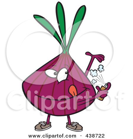 Royalty-Free (RF) Clip Art Illustration of a Cartoon Purple Onion Spraying On Deodorant by toonaday