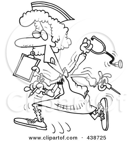 Royalty-Free (RF) Clip Art Illustration of a Cartoon Black And White Outline Design Of A Multitasking Nurse by toonaday
