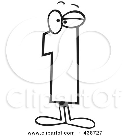 Royalty-Free (RF) Clip Art Illustration of a Cartoon Black And White Outline Design Of A Number One Character by toonaday