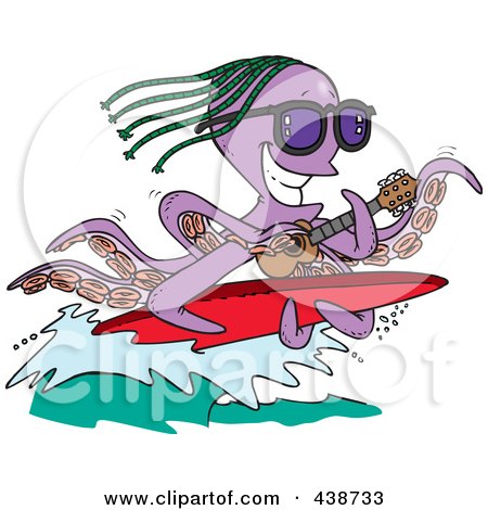 Royalty-Free (RF) Clip Art Illustration of a Cartoon Octopus Playing A Banjo And Surfing by toonaday
