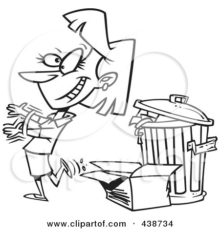 Royalty-Free (RF) Clip Art Illustration of a Cartoon Black And White Outline Design Of A Woman Tossing Old Trash by toonaday