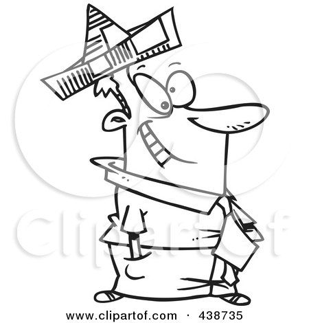 Royalty-Free (RF) Clip Art Illustration of a Cartoon Black And White Outline Design Of A Businessman Wearing A Newspaper Hat by toonaday