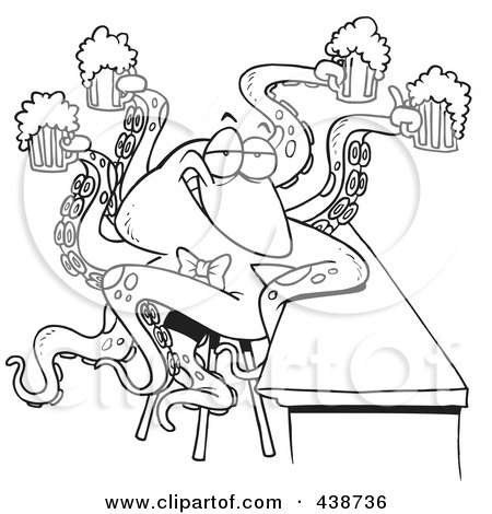 Royalty-Free (RF) Clip Art Illustration of a Cartoon Black And White Outline Design Of An Octopus Bartender Serving Beer by toonaday