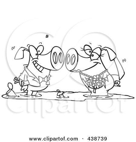 Royalty-Free (RF) Clip Art Illustration of a Cartoon Black And White Outline Design Of A Pig Wedding Couple In A Puddle Of Mud by toonaday