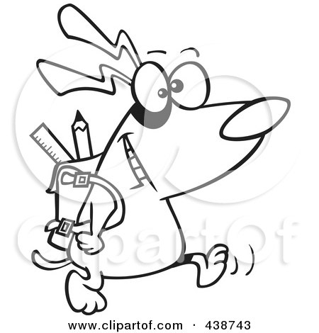 Royalty-Free (RF) Clip Art Illustration of a Cartoon Black And White Outline Design Of A School Dog Walking With A Backpack by toonaday