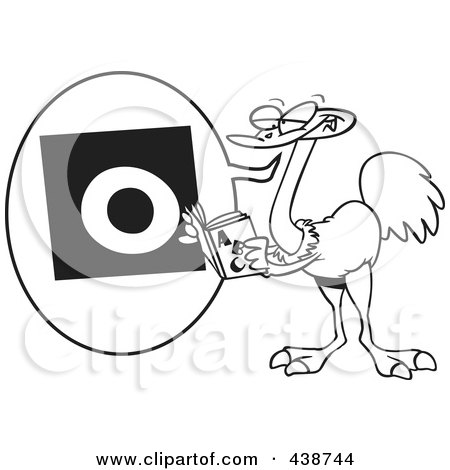 Royalty-Free (RF) Clip Art Illustration of a Cartoon Black And White Outline Design Of An Ostrich Reading The ABCs by toonaday