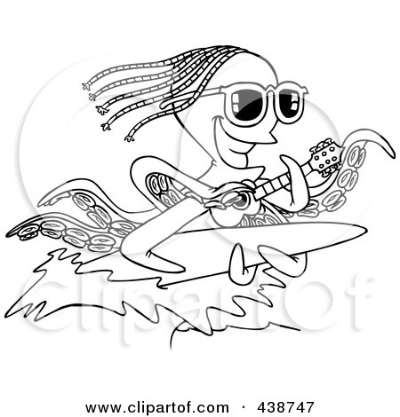 Royalty-Free (RF) Clip Art Illustration of a Cartoon Black And White Outline Design Of An Octopus Playing A Banjo And Surfing by toonaday