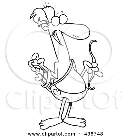 Royalty-Free (RF) Clip Art Illustration of a Cartoon Black And White Outline Design Of An Old Cupid Holding A Bow And Arrows by toonaday