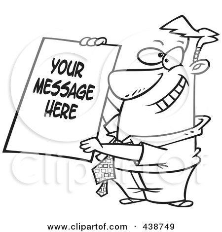 Royalty-Free (RF) Clip Art Illustration of a Cartoon Black And White Outline Design Of A Businessman Holding A Sign With Sample Text by toonaday
