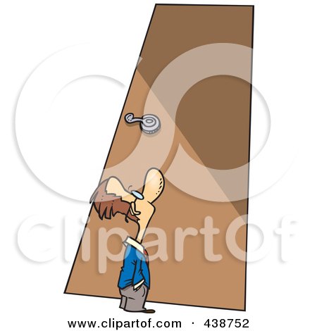 Royalty-Free (RF) Clip Art Illustration of a Cartoon Tiny Businessman Looking Up At A Door by toonaday
