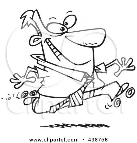 Royalty-Free (RF) Clip Art Illustration of a Cartoon Black And White Outline Design Of A Businessman Roller Skating In The Office by toonaday