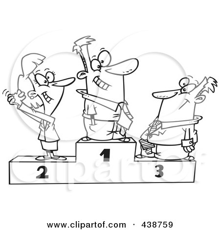 Royalty-Free (RF) Clip Art Illustration of a Cartoon Black And White Outline Design Of A Podium Of First, Second And Third Place Business People by toonaday